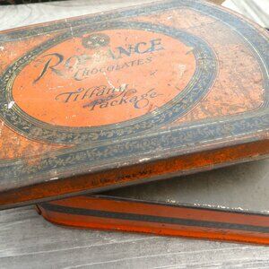 Antique Art Deco Tin Metal Box, "TINDFCO Romance Chocolates, Tiffany Package"
